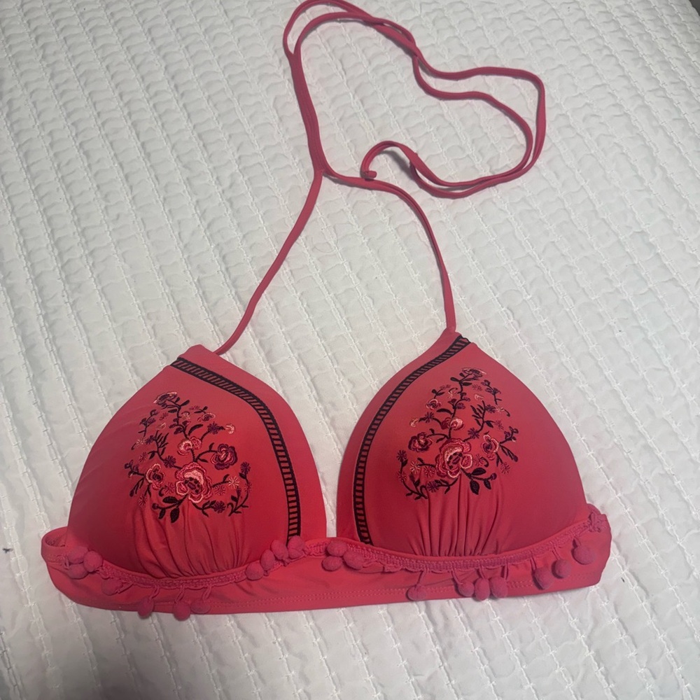 Floral Embroidered Halter Bikini Top - Pink
